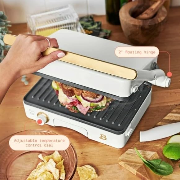 Beautiful By Drew Barrymore Panini Press & Grill showing floating hinge and temperature dial