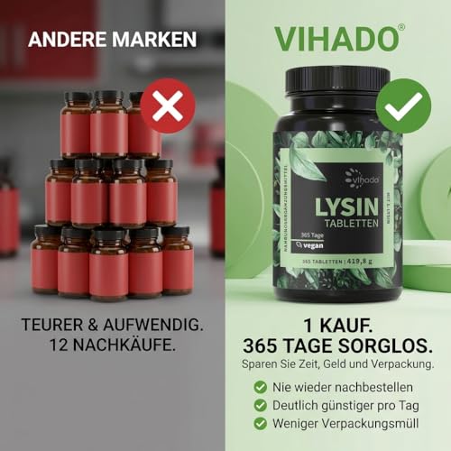 Vihado Lysin Tabletten, Jahresvorrat, 800 mg L-Lysin pro Tablette, fermentiertes L Lysin HCL, 365 vegane Tabletten