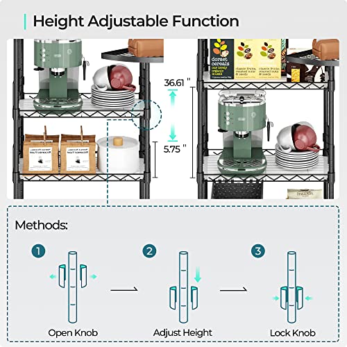 Linsy Home 5-Tier Storage Shelves With 2 Rotatable Shelves, Height Adjustable Metal Pantry Shelves With 5 Hooks And Shelf Liners, Heavy Duty Metal Shelving, Wire Shelving For Kitchen, Bathroom -Dark #TOP5