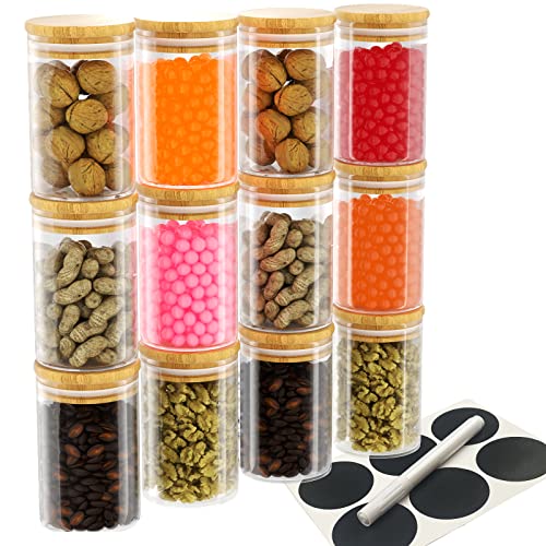 Newaner Pack of 12 spice jars, storage jars glass (300 ml), airtight spice jar with bamboo cover, comes with stickers and whiteboard pens, spice jar very good for tea, coffee, spices etc.