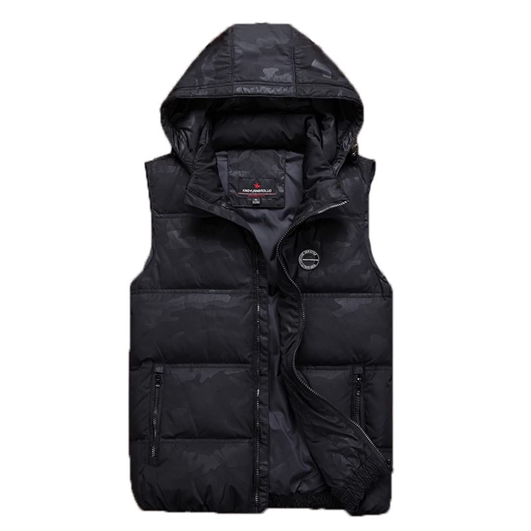 Male Camouflage Casual Vest Down Classic Windbreaker Parka Baggy Hooded Outerwear Sleeveless Jacket Black Vest 3XL