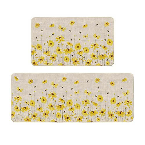 Artoid Mode Yellow Flowers Bee Spring Kitchen Mats Set Of 2, Summer Home Decor Low-Profile Kitchen Rugs For Floor - 17X29 And 17X47 Inch #TOP29