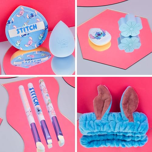 Image of Get Trend Disney Stitch Makeup Brush and Sponge Set for Girls, Teens with Headband Powder Puffs Soft Brushes and Beauty Sponges, Gifts for Girls (Blue Stitch)