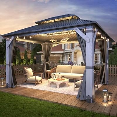 GARTOO 10' x 12' Outdoor Wood Gazebo - Permanent Wooden Hardtop Gazebo Pavilion with Double Curtains, Galvanized Steel Roof Cedar Wood Gazebos for Garden, Lawn, Poolside, Backyard Deck