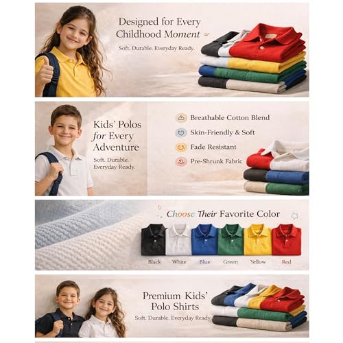 Image of Kids Boys Polo T-Shirt | Half Sleeves | Organic Cotton Rich Bio-Wash Fabric | Ultra Soft & Breathable | Regular Fit | Plain Solid Colour Casual Wear & School Uniform