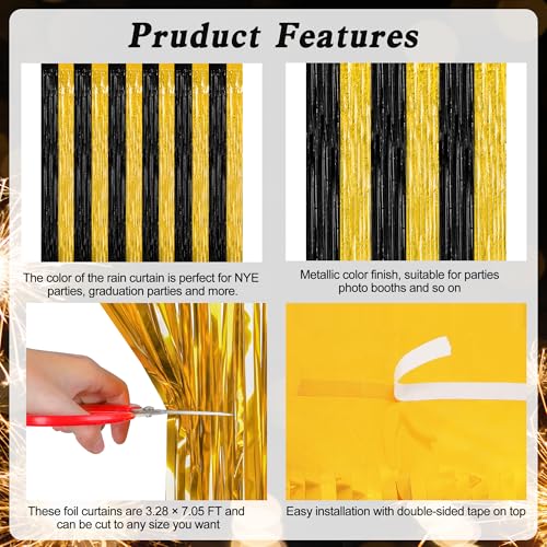 Image of ZATAYE 2 Pack Black Gold New Years Eve Foil Curtain Streamer Decorations | Black Gold, Metallic Foil, 3.28 x 7.05 FT, Tinsel Backdrop, Foil Curtain Streamer, New Years Eve Party