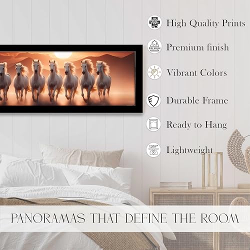 Image of PAINTINGMANTRA Running Horse Vastu Modern Wall Art Framed Luxury Paintings for Home Decoration, Living room, Bedroom and Office Decoration (99x38 CM)