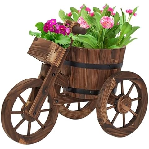 KINTNESS Decorative Garden Planter - Wagon Cart with Wheels Wood Raised Beds Plant Pot Stand for Backyard Garden Patio Cover