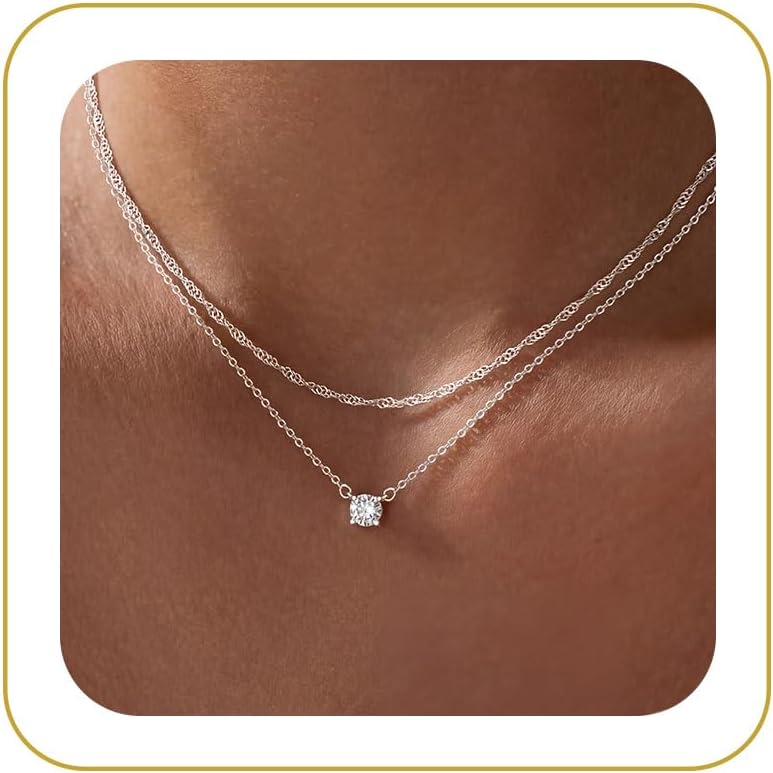 Dainty 14k Gold Plated/Silver Cubic Zirconia Necklaces for Women, Simple CZ Jewelry Necklaces Trendy Gifts