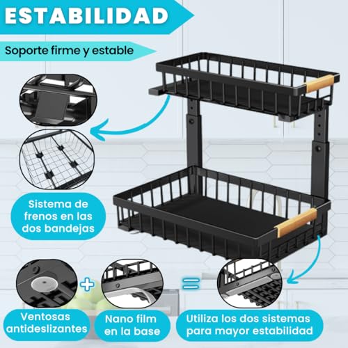 Miniatura 7 de Mimad Organizador Bajo Fregadero Multiusos Fácil De Montar Organizador Cocina, Baño, Lavadero, Oficina Acero Carbono 2 Niveles, Cestas Extraíbles, Altura Ajustable Y Forma De L Hogar Y Cocina