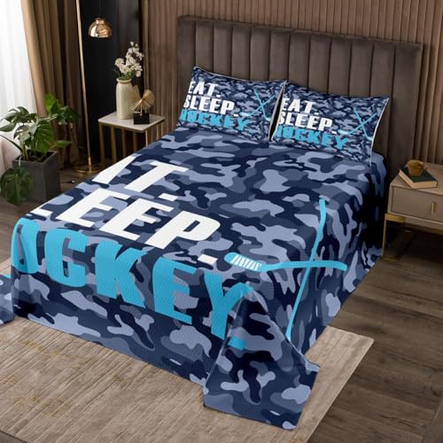 Loussiesd Eishockey Tagesdecke 170x210cm Kinder Essen Schlaf Steppdecke für Kinder Mädchen Jungs Camouflage Camo Bettüberwurf Wintersport Thema Wohndecke