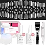Beetles Gel Nail Kit Medium Almond with Nail Dehydrator and Primer, 576Pcs Half Matte Etch-X Gel Nail Tips Solid Nail Glue Mini Nail Lamp Acrylic Nail Tips Easy DIY Nail Extension Set Gift for Women