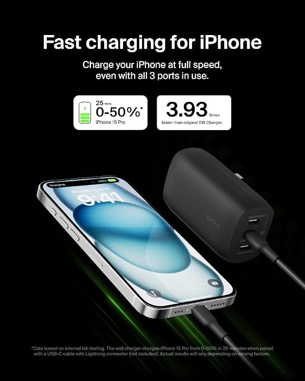 Belkin 3-Port USB C Charger Block w/PPS 67W, USB-C PD 3.1 Super Fast Charging - Samsung Galaxy S25, Apple iPhone 17, Air, Pro, Pro Max, MacBook, AirPods, Apple Watch, Nintendo Switch 2, etc. - Black by Belkin - Image 3
