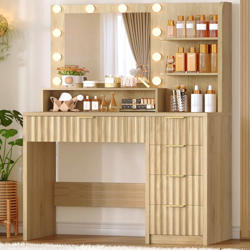 Image of FIONESO Vanity Desk with Mirror and Lights, Makeup Vanity with 5 Drawers & Storage Shelves, 3 Color Modes & Adjustable Brightness, Fluted Vanity for Girls, Natural