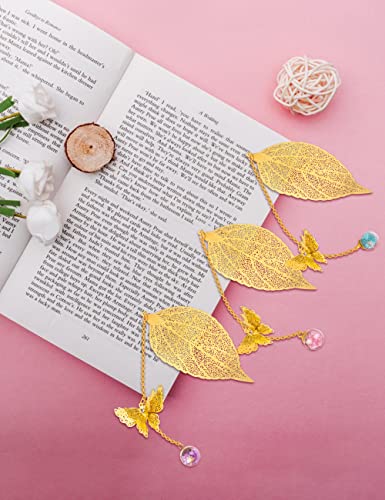 Metal Leaf Bookmark With Butterfly Pendant For Books Lovers Teacher Women Leaf Bookmarks Birthday Golden Christmas Valentine's Day Gift(Golden Leaf Blue Glass) #TOP3