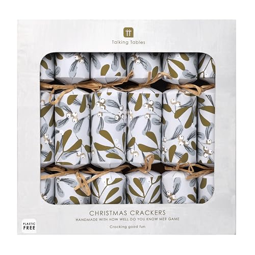 Talking Tables 6 x Christmas Crackers with How well do you know me Game, Party Hat, Botanical Mistletoe White Design Eco-Friendly Xmas Tableware, Recyclable