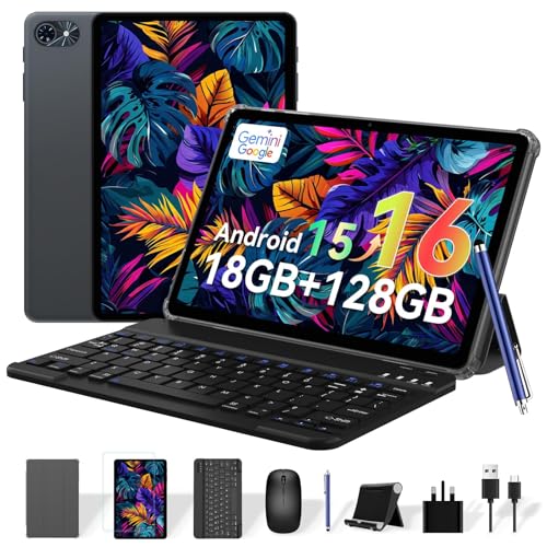 Tablet Android Tablets 10 Inch-Electronics Tablets with Keyboard, 18GB+128GB/2TB TF Upgradeable Android 16 Tablet, Gemini AI 2 in 1 Tablet with Pen, BT5.0, GPS, OTG, Suitable for Joy and Office