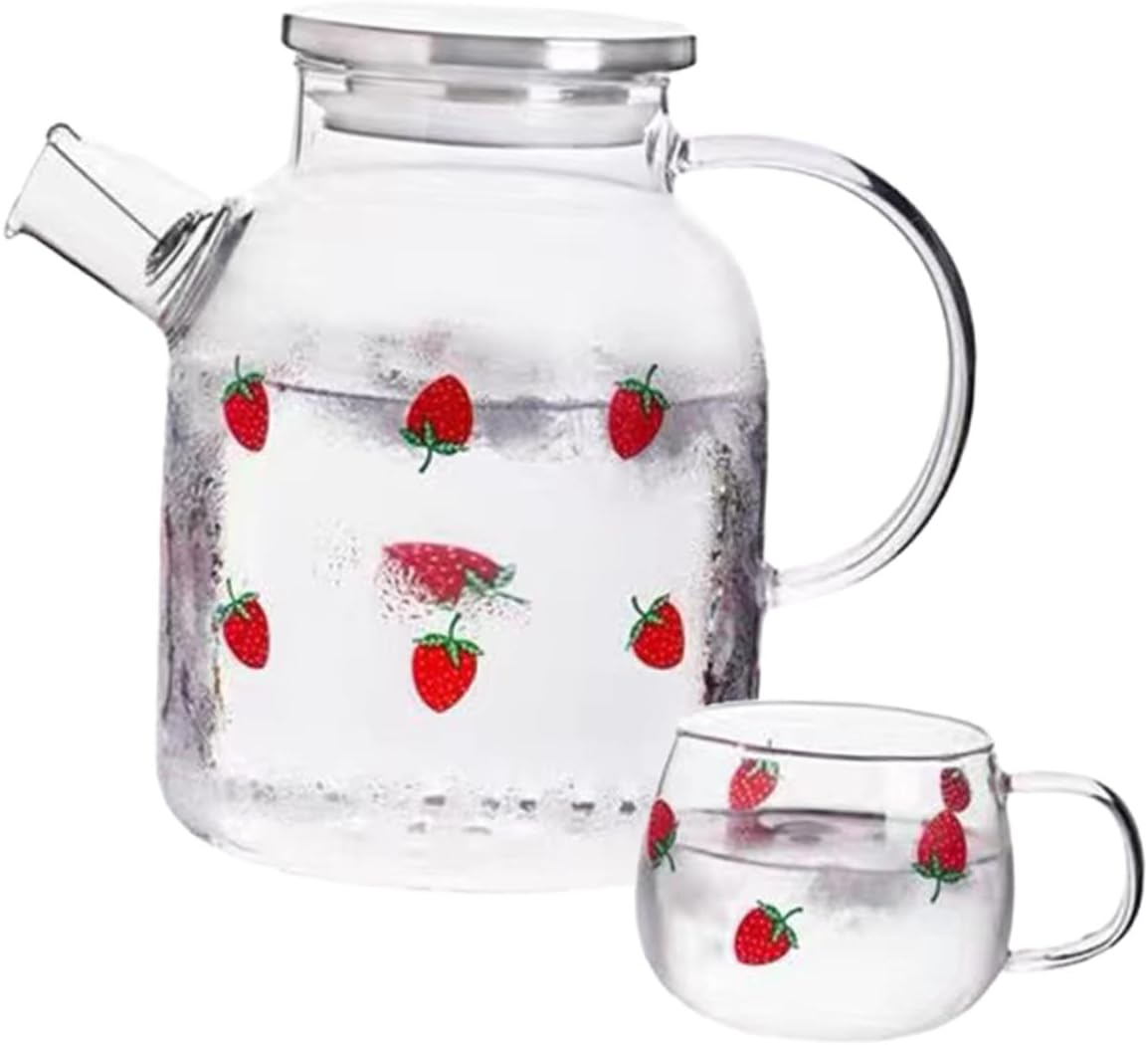 Strawberry Pattern High Borosilicate Glass Water Pitcher 1.6l with Handle Cup Set Household Glass Carafe for Cold Water Serving and Tea Drinks