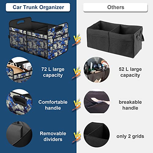 Image of Femuar Car Trunk Organizer with 72L Large Capacity Waterproof Collapsible and 11 Pockets, Trunk Organizer for Car SUV /Jeep /Sedan, Large Size, Blue Camouflage
