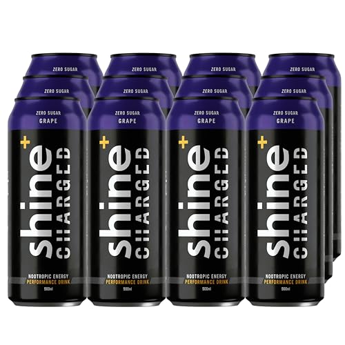 Shine Charged Healthy Energy Drink Carbonated Grape - Sugar Free Performance Yerba Mate Nootropic, Natural Caffeine, Adaptogens & B Vitamins, 12 x 500ml