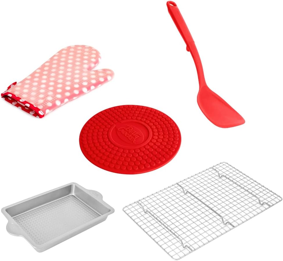 Betty Crocker Chef's Starter Bundle 5-Piece Set: Red Non-Slip Oven Mitt, Silicone Trivet, Steel Pan, Turner, Cooling & Icing Rack – Non Stick, Heat Resistant, BPA Free, Dishwasher Safe