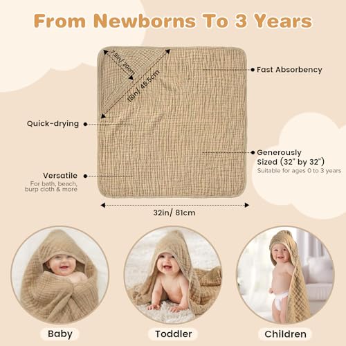 Image of Muslin Hooded Baby Towels 2-Pack, 6-Layer 100% Cotton Baby Bath Towels for Newborns, Infants and Toddlers, Large 32 x 32 Inch, Ultra-Soft, Highly Absorbent Hooded Bath Essentials, Beige & Coffee
