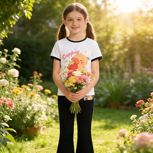 Image of Ayzozuy Tween Girls 2 Piece Outfits Short Sleeve Cartoon Graphic T-Shirt & Flared Pants Kids Clothing Set Size 8-13 Years