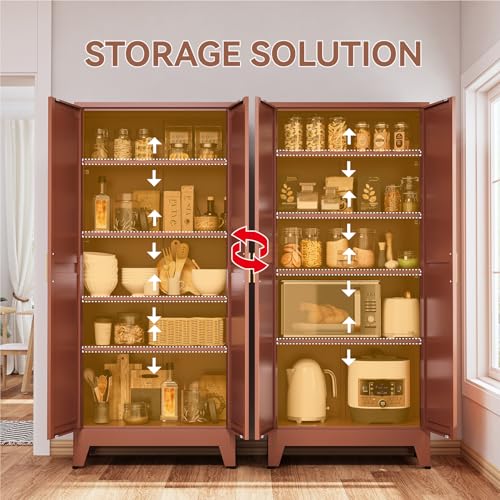 Image of Farmhouse Pantry Cabinet with Barn Doors, 71 inch H x 31.5 inch W, 5-Tier Metal Storage Cabinet with 4 Adjustable Shelves for Kitchen Garage Dining Room,Brown 1 Pack