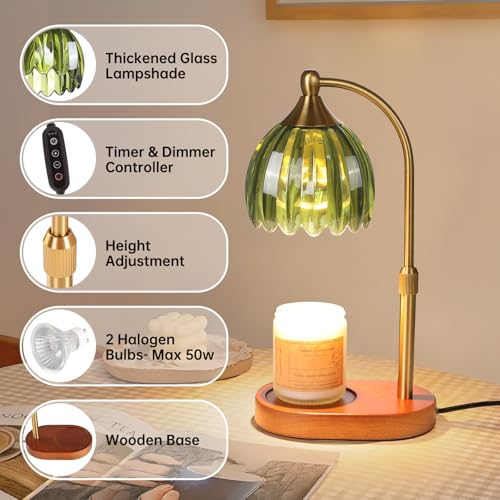 Image of Green Tulip Wax Melt Warmer with Timer, Dimmable & Height Adjustable, Ideal for Jar Candles, Perfect Home Decor for Bedroom, Living Room, Office, Great Birthday Gifts for Women (2 Bulbs Included)