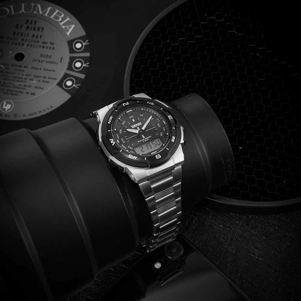 Relógio de pulso masculino de marca 1370, com pulseira de aço inoxidável, mostrador de data, ponteiros luminosos e mecanismo de quartzo Wristwatch