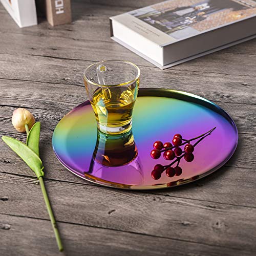 Qboso Rainbow Round Trays 11 In Stainless Steel Serving Plate Vanity Trays Candle Trays Bathroom Dresser Kitchen Cosmetics Jewelry Desk Decor Organizer #TOP2
