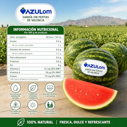 Miniatura 2 de Pack 2 Sandías Rayadas Sin Pepitas Azulom 10 Kg Aprox. - Sandía Dulce De Valencia - Fresca, Jugosa Y Lista Para Consumir