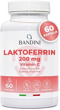 Bandini Lactoferrin 60 Capsules - 200mg Lactoferrin + 60mg Vitamin C per Daily Dose (1 Capsule) - For Iron Absorption & Immune System Colostrum Component - High Dose Laboratory Tested GMO-Free