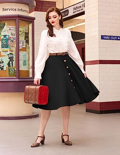 Belle Poque Womens Casual Button Front A Line Skirts Belted High Waist Midi Skirt With Pockets Black M thumb #2