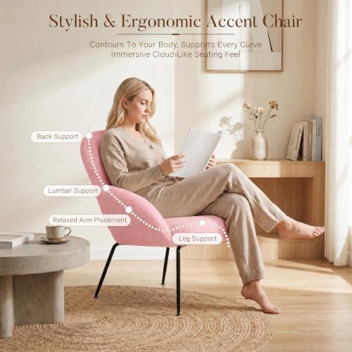 Image of Accent Chairs Set of 2 for Living Room, Boucle Fabric, Pink | Modern Accent Chair with Cloud Backrest, Soft Textured Boucle Fabric, Small Reading Chair for Sunroom, Reception Area
