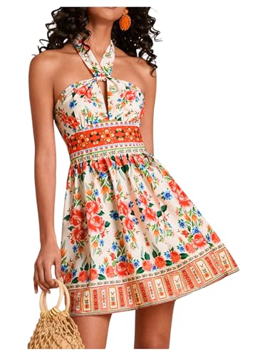 Image of Floerns Women's Floral Print Sleeveless Halter Neck Tie Back Summer A Line Dress