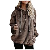 iHENGH Damen Herbst Winter Fuzzy Kapuzenpullover Übergröße Teddy-Fleece Fluffy Langarm Pullover Kapuzenjaken, 1/4 Reißverschluss Oversize Sweatshirt Warm Taschen Hoodie Jaken (Braun,5XL)