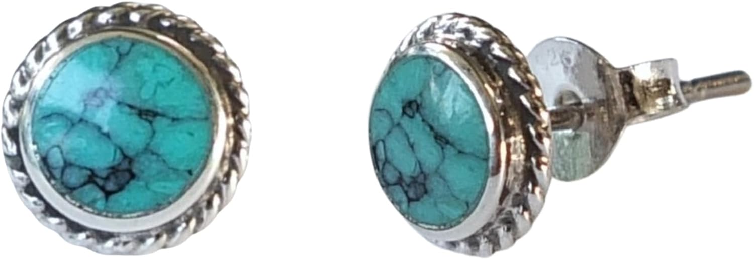 Handmade Turquoise Gemstone Round 7mm Stud Earrings, 925 Sterling Silver Circle Boho Studs for Women, Cartilage Earrings, Tarnish & Water Resistant, By Miya Jewelry Creations - Image 4