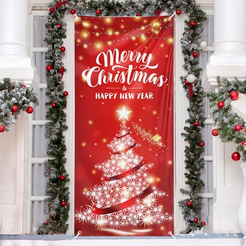 COLOFALLA Merry Christmas Door Cover Christmas Door Banner Decorations 90 * 200cm Indoor Outdoor Christmas Tree Xmas Door Decoration with Ribbon Christmas Backdrop Merry Christmas and Happy New Year