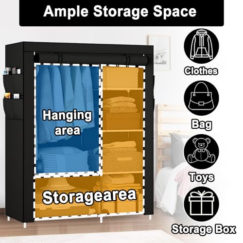 Image of OPPAIYA Canvas Wardrobe for Bedroom, Fabric wardrobes carries five storage boxes, one hanging rail and four side pockets, 105 x 45 x 165 cm, Pop up wardrobe, Great temporary wardrobes for bedroom