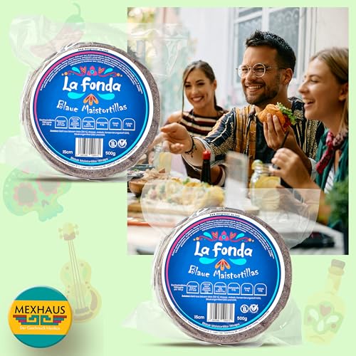 La Fonda Blaue Maistortillas Mexikanische Tortilla 15 cm je. 500g (2er Pack) - ca. 40 St. Tortillas Mexikanische traditionelle, Tortillas mexicanas de Maiz azul für Tacos, Quesadillas & mehr