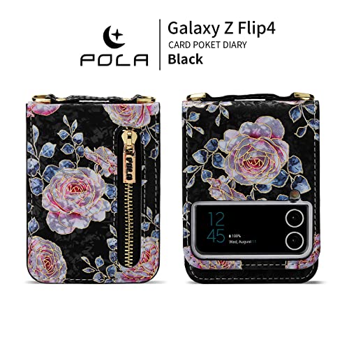 Ximand For Samsung Galaxy Z Flip 4 5G Flower Credit Card Holder Wallet Case With Strap, Rose Pattern Crossbody Purse Floral Kickstand For Women, Cute And Charming.(Black) #TOP3