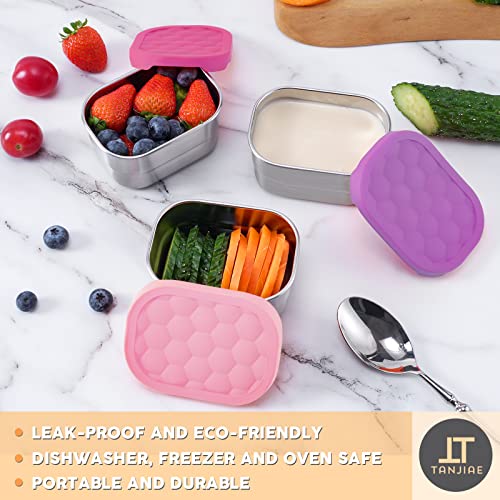 Image of Tanjiae Stainless Steel Lunch Snack Containers Set | Leak Proof 304 Stainless Steel Food Containers with Silicone Lids - Perfect Metal Lunch Box for School and Daycare (Pink Lunch, Small)