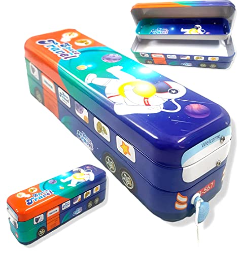 Image of School Bus Pencil Box Kids- Compass Box with Wheel /Stylish School Bus Geometry Box for Kids | Cartoon Printed Bus Shaped Pull Back Pencil Box in Metal | String Operated Wheels (Space Travel)