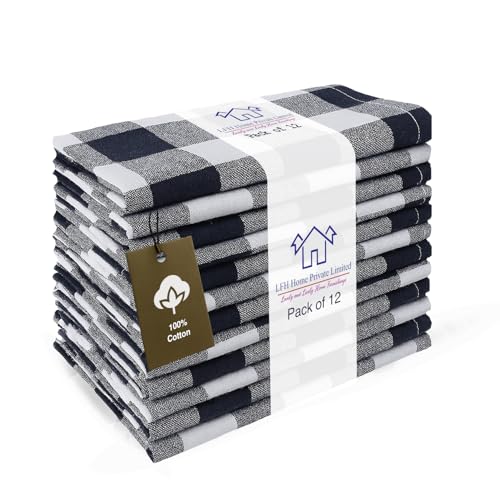 LFH Home 100% Cotton Cloth Reusable Dinner Napkins Set of 12 Washable Soft Decorative Buffalo Plaid Gingham and Checkered Table Napkins for Holidays Wedding Farmhouse Decor 18x18 Inch-Navy Blue&White