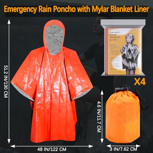 4-Pack-Emergency-Rain-Poncho-with-Mylar-Blanket-Liner-Thermal-Poncho-Survival-BlanketsWaterproof-Emergency-Thermal-Blanket-for-Survival-GearCampingHikingOutdoorHeavy-Duty-Orange