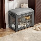 Zapatero de 2 niveles con banco de cojines y puerta de cristal, almacenamiento de madera original para pasillo, entrada y zapatero, elegante y funcional