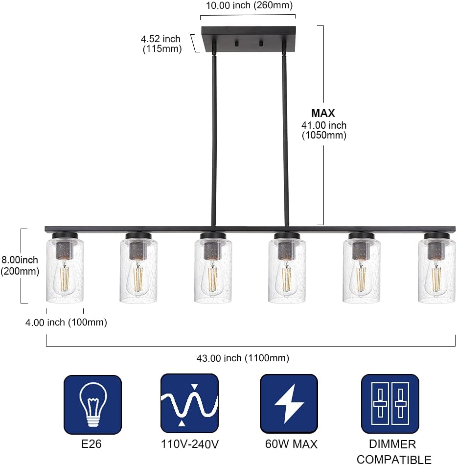 TODOLUZ 6-Lights Kitchen Island Pendant Light Fixture in Black Finish, Linear Hanging Ceiling Lighting Dining Room Chandelier with Seeded Glass Shade