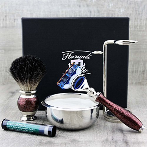 Haryali London, kit completo da barba da uomo da 5 pezzi: rasoio a 5 lame, pennello da barba in tasso nero, ciotola da barba, sapone da barba e supporto per la rasatura tradizionale a umido.