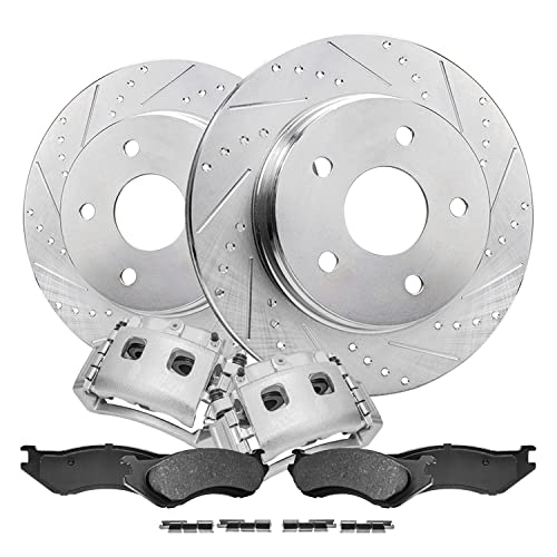 Image of Detroit Axle - Front Brake Kit for 02-05 Dodge Ram 1500, 05-06 Durango, 13.23'' inch Drilled & Slotted Disc Brake Rotors Brake Calipers Ceramic Brake Pads 2002 2003 2004 2005 2006 Replacement